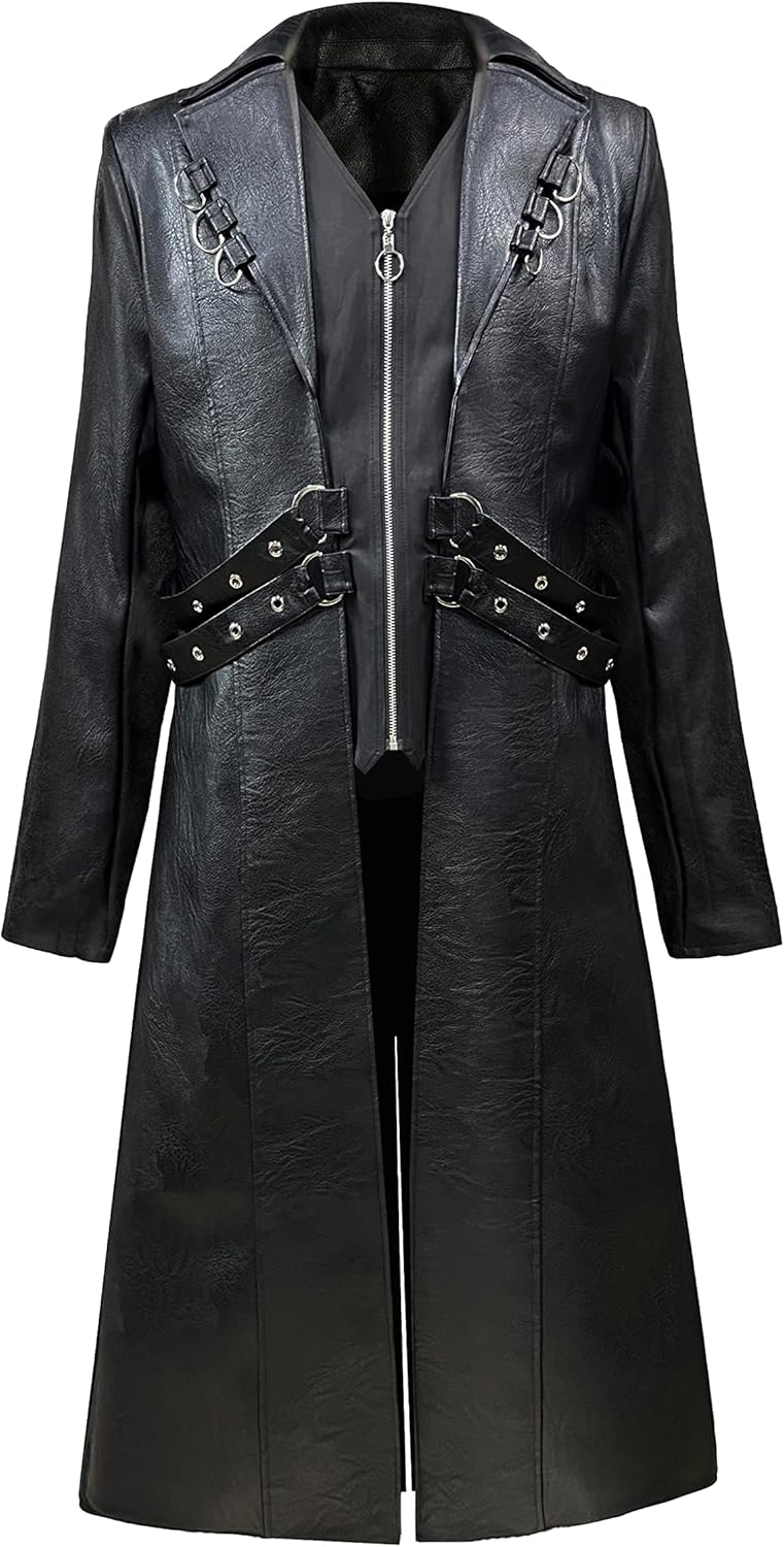 Dr. T's Mens Steampunk Faux Leather Jacket Trench Coat Motorcycle Jacket - Image 1